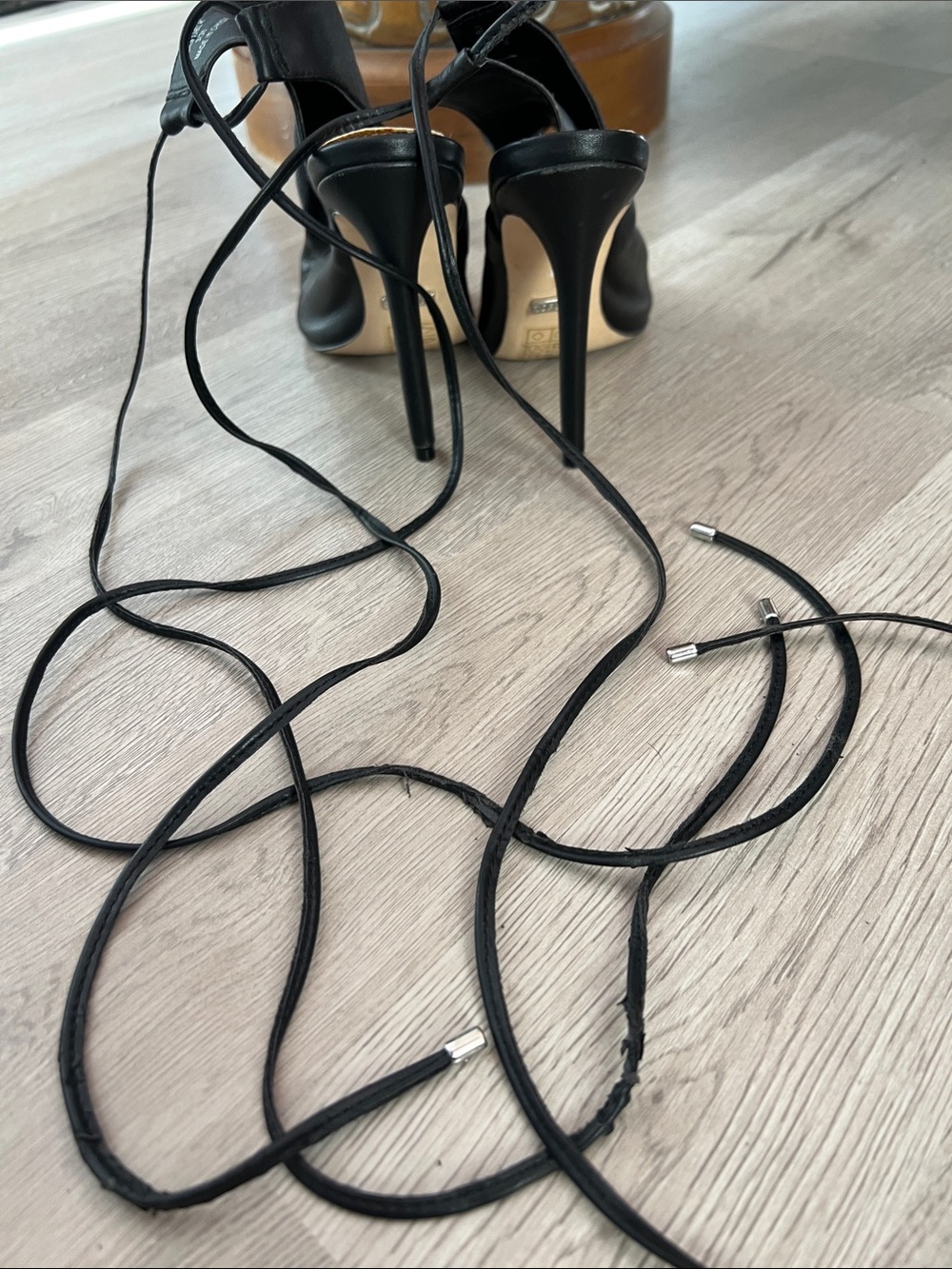 Top Shop Black Leather Lace-Up Peep Toe Wrap Sandal Heel - Picture 4 of 10